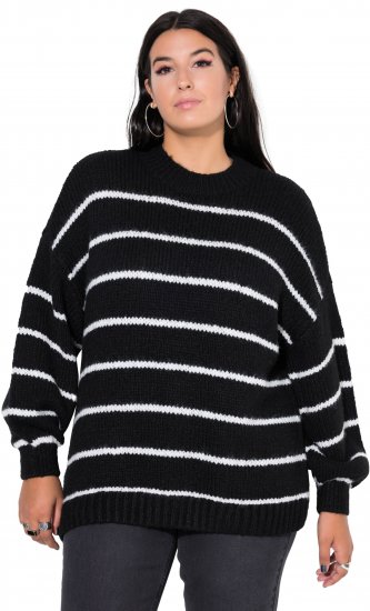 Ulla Popken Oversized Striped Balloon Sleeve Sweater Black - Bluzy & bluzy z kapturem - 