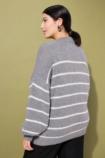 Ulla Popken Oversized Striped Balloon Sleeve Sweater Grey Melange - Bluzy & bluzy z kapturem - 