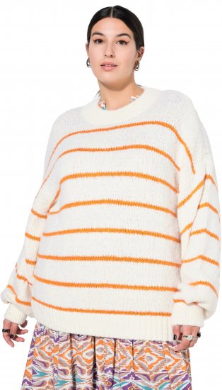 Ulla Popken Oversized Striped Balloon Sleeve Sweater Off-White - Bluzy & bluzy z kapturem - 