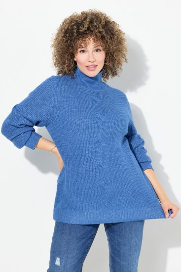 Ulla Popken Cable Knit Long Sleeve Turtleneck Sweater Teal Blue - Bluzy & bluzy z kapturem - Kényelmes pulóverek és kapucnisok