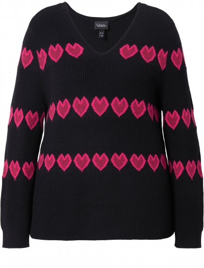 Ulla Popken Heart Print Long Sleeve V-Neck Sweater Black - Bluzy & bluzy z kapturem - 