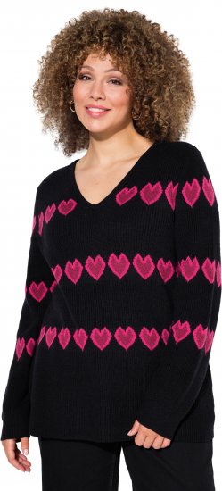 Ulla Popken Heart Print Long Sleeve V-Neck Sweater Black - Bluzy & bluzy z kapturem - 
