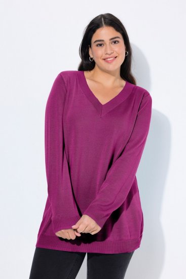 Ulla Popken Soft Fine Knit Pullover V-Neck Sweatshirt Dark Lilac - Bluzy & bluzy z kapturem - Kényelmes pulóverek és kapucnisok