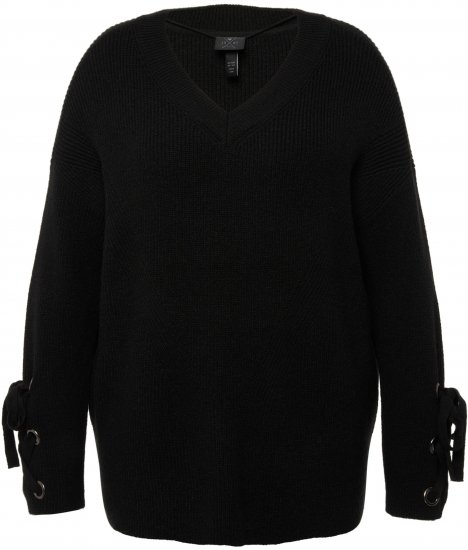 Ulla Popken Lace-Up Cuff Long Sleeve V-Neck Sweater Black - Bluzy & bluzy z kapturem - 