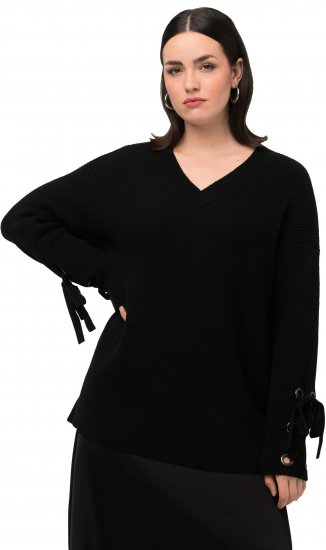 Ulla Popken Lace-Up Cuff Long Sleeve V-Neck Sweater Black - Bluzy & bluzy z kapturem - 