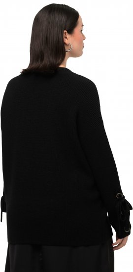 Ulla Popken Lace-Up Cuff Long Sleeve V-Neck Sweater Black - Bluzy & bluzy z kapturem - 