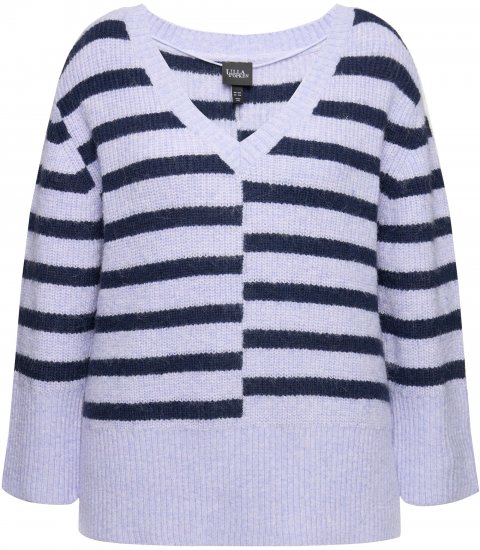 Ulla Popken Split Stripe Long Sleeve V-Neck Sweater Blue Grey - Bluzy & bluzy z kapturem - 