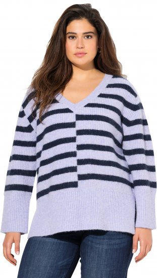 Ulla Popken Split Stripe Long Sleeve V-Neck Sweater Blue Grey - Bluzy & bluzy z kapturem - 