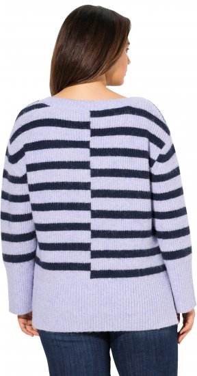 Ulla Popken Split Stripe Long Sleeve V-Neck Sweater Blue Grey - Bluzy & bluzy z kapturem - 