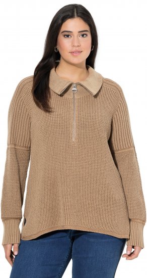 Ulla Popken Two-Tone Mixed Knit Troyer Collar Sweater Caramel - Bluzy & bluzy z kapturem - 