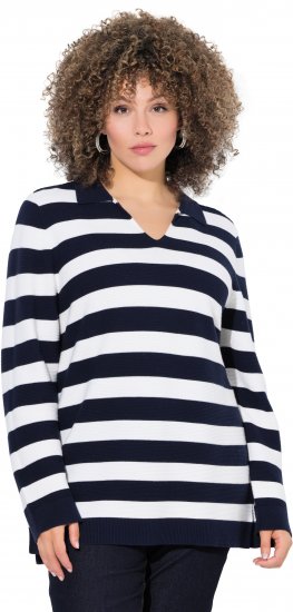 Ulla Popken Striped Polo Collar Long Sleeve Sweater Navy - Bluzy & bluzy z kapturem - 
