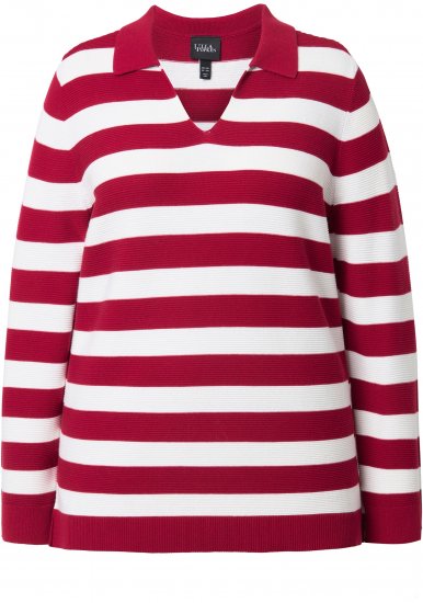 Ulla Popken Striped Polo Collar Long Sleeve Sweater Ruby Red - Bluzy & bluzy z kapturem - 
