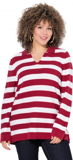 Ulla Popken Striped Polo Collar Long Sleeve Sweater Ruby Red - Bluzy & bluzy z kapturem - 