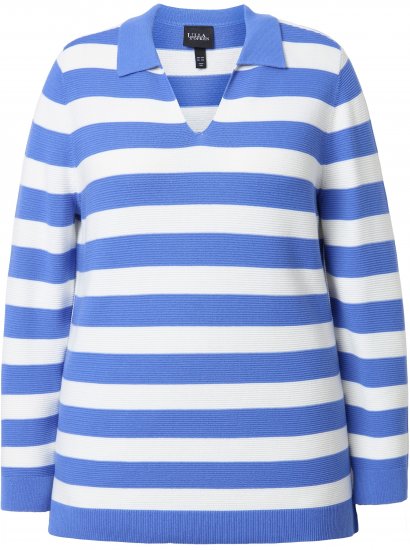 Ulla Popken Striped Polo Collar Long Sleeve Sweater Aegean Blue - Bluzy & bluzy z kapturem - 