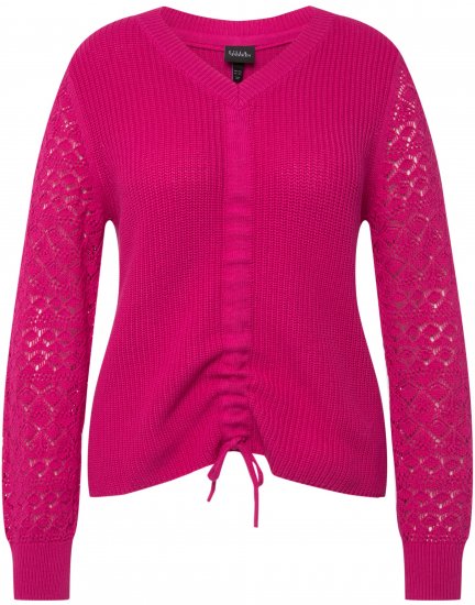 Ulla Popken Shaker Stitch Cropped Gathered Sweater Fuchsia Pink - Bluzy & bluzy z kapturem - 
