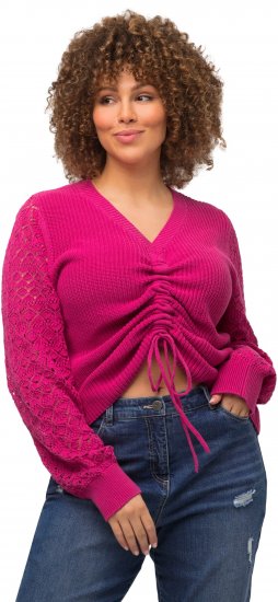 Ulla Popken Shaker Stitch Cropped Gathered Sweater Fuchsia Pink - Bluzy & bluzy z kapturem - 