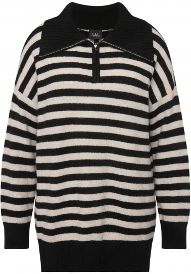 Ulla Popken Striped Troyer Collar Sweater Black - Bluzy & bluzy z kapturem - 