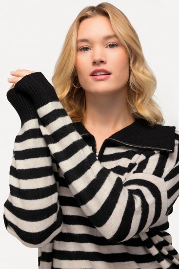 Ulla Popken Striped Troyer Collar Sweater Black - Bluzy & bluzy z kapturem - Kényelmes pulóverek és kapucnisok