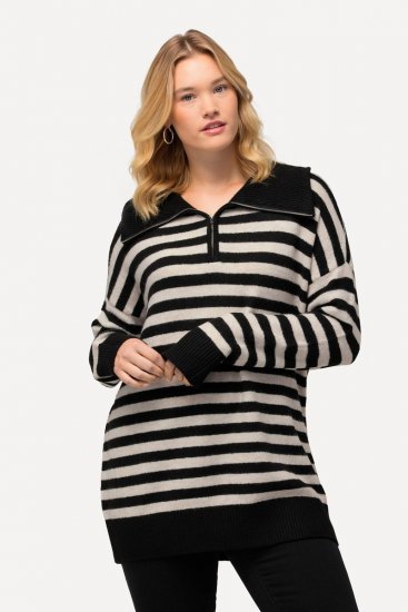 Ulla Popken Striped Troyer Collar Sweater Black - Bluzy & bluzy z kapturem - Kényelmes pulóverek és kapucnisok