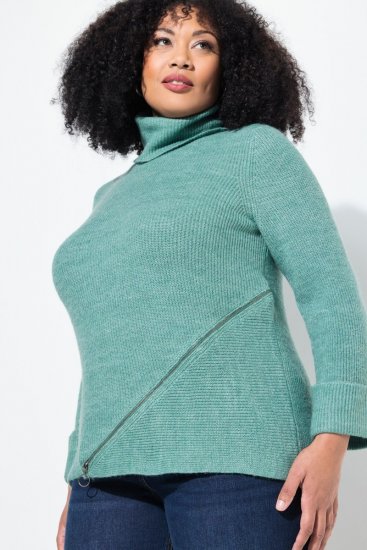 Ulla Popken Asymmetric Zipper Turtleneck Sweater Green - Bluzy & bluzy z kapturem - Kényelmes pulóverek és kapucnisok