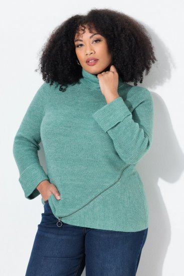 Ulla Popken Asymmetric Zipper Turtleneck Sweater Green - Bluzy & bluzy z kapturem - Kényelmes pulóverek és kapucnisok