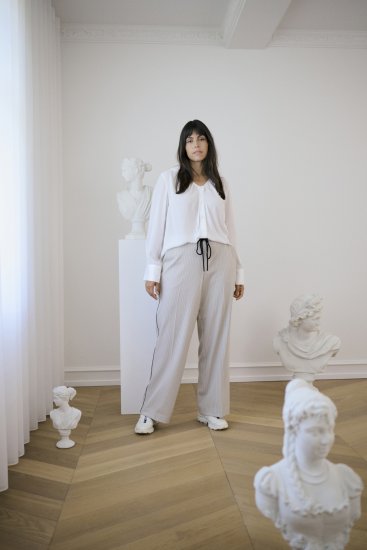 Kaffe Curve Sirana Pants Beige Melange/Black Stripe - Szövetnadrágok - 