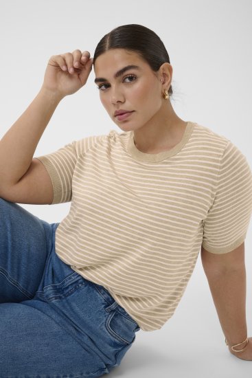 Kaffe Curve Lizzy Knit T-Shirt Feather Melange/Chalk Fine Stripe - Pólók - 