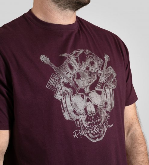 D555 Grimsby Rock n' Roll Skull Printed T-Shirt Burgundy - Nyomtatott pólók - Nyomtatott pólók - 2XL-8XL