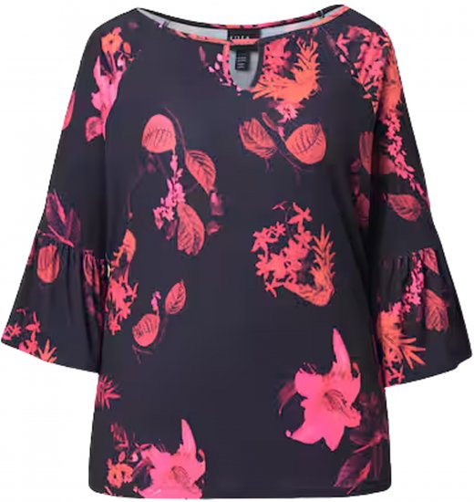 Ulla Popken Botanical Print Cold Shoulder Top Black - Pólók - 