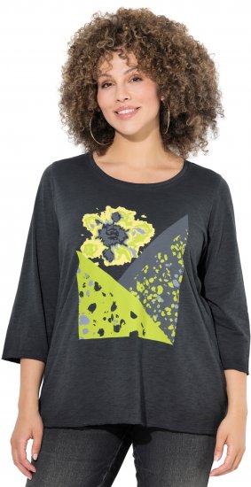 Ulla Popken Graphic Patch Print 3/4 Sleeve T-Shirt Black - Pólók - 
