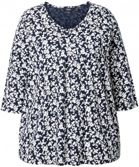 Ulla Popken Floral 3/4 Sleeve V-Neck A-Line Tee Navy - Pólók - 