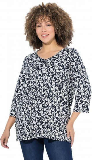 Ulla Popken Floral 3/4 Sleeve V-Neck A-Line Tee Navy - Pólók - 