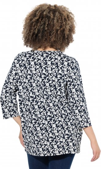 Ulla Popken Floral 3/4 Sleeve V-Neck A-Line Tee Navy - Pólók - 