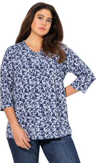 Ulla Popken Floral 3/4 Sleeve V-Neck A-Line Tee Blue - Pólók - 