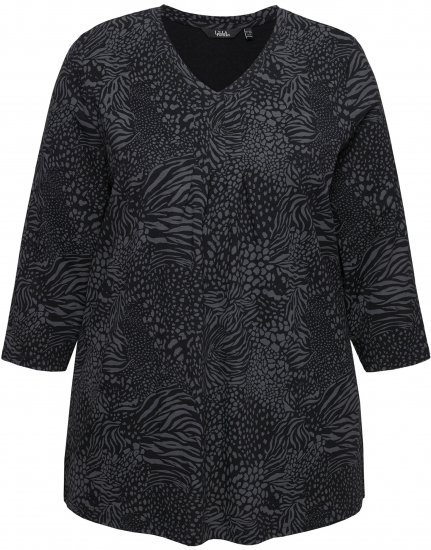 Ulla Popken Animal Print 3/4 Sleeve V-Neck Tee Black - Pólók - 