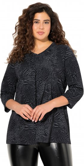 Ulla Popken Animal Print 3/4 Sleeve V-Neck Tee Black - Pólók - 