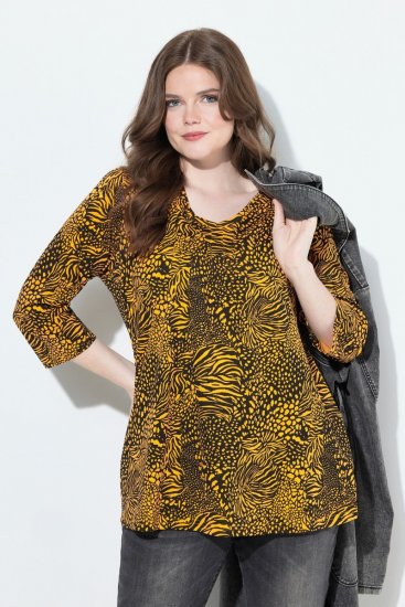 Ulla Popken Animal Print 3/4 Sleeve V-Neck Tee Neon Orange - Pólók - Női pólók