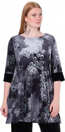 Ulla Popken Velvet Peacock Feather 3/4 Sleeve Tunic Blouse Black - Pólók - 