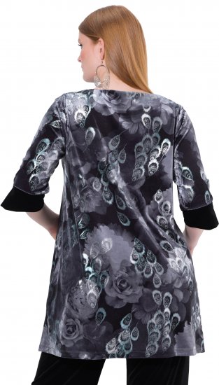 Ulla Popken Velvet Peacock Feather 3/4 Sleeve Tunic Blouse Black - Pólók - 