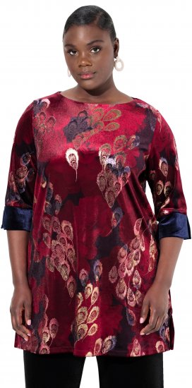Ulla Popken Velvet Peacock Feather 3/4 Sleeve Tunic Blouse Wine Red - Pólók - 