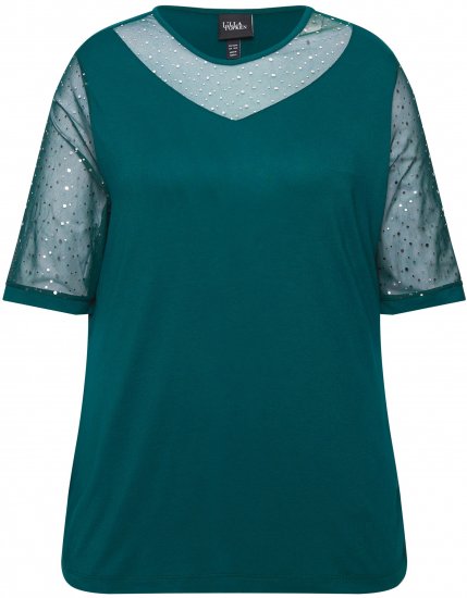 Ulla Popken Sequined Mesh Sleeve Blouse Dark Green - Pólók - 