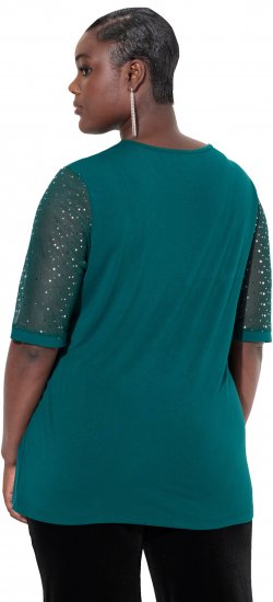 Ulla Popken Sequined Mesh Sleeve Blouse Dark Green - Pólók - 