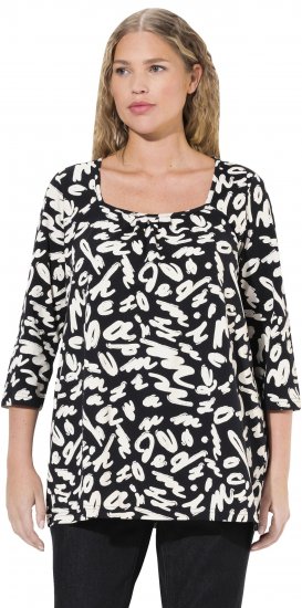 Ulla Popken Scribble Print Square Neck 3/4 Sleeve Tee Black - Mintás pólók nőknek - 
