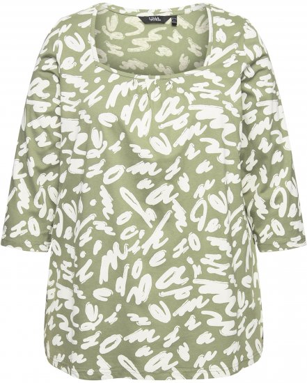 Ulla Popken Scribble Print Square Neck 3/4 Sleeve Tee Sage Green - Mintás pólók nőknek - 