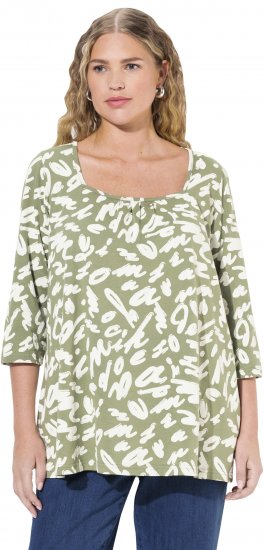 Ulla Popken Scribble Print Square Neck 3/4 Sleeve Tee Sage Green - Mintás pólók nőknek - 