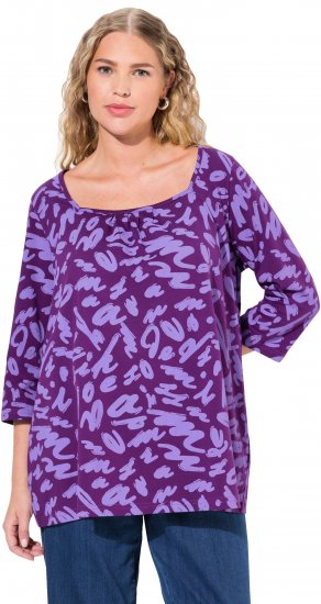 Ulla Popken Scribble Print Square Neck 3/4 Sleeve Tee Violet - Mintás pólók nőknek - 