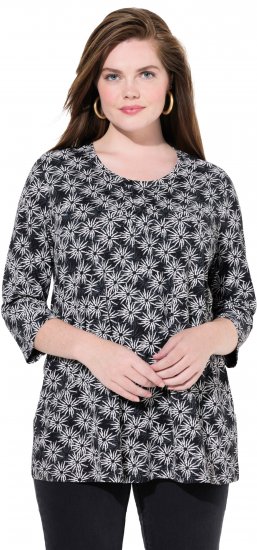 Ulla Popken Graphic Flower A-Line 3/4 Sleeve Tee Black - Pólók - 
