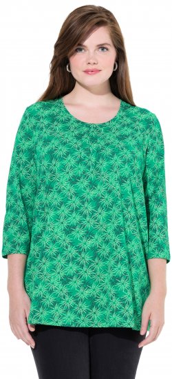 Ulla Popken Graphic Flower A-Line 3/4 Sleeve Tee Moss Green - Pólók - 