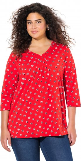 Ulla Popken Minimal Floral Print 3/4 Sleeve Tee Neon Red - Mintás pólók nőknek - 