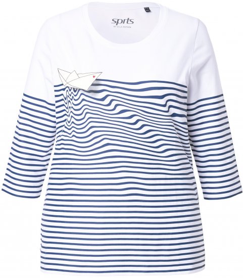 Ulla Popken Paper Boat Print 3/4 Sleeve Tee Snow White - Mintás pólók nőknek - 